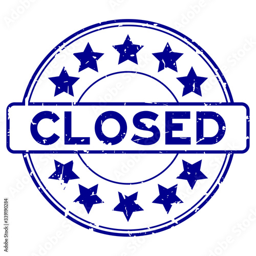 Grunge blue closed word with star icon rubber seal stamp on white background
