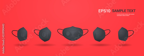 black antiviral medical face mask protection against coronavirus prevention of virus spreading pandemic covid-19 view from different angles copy space horizontal vector illustration