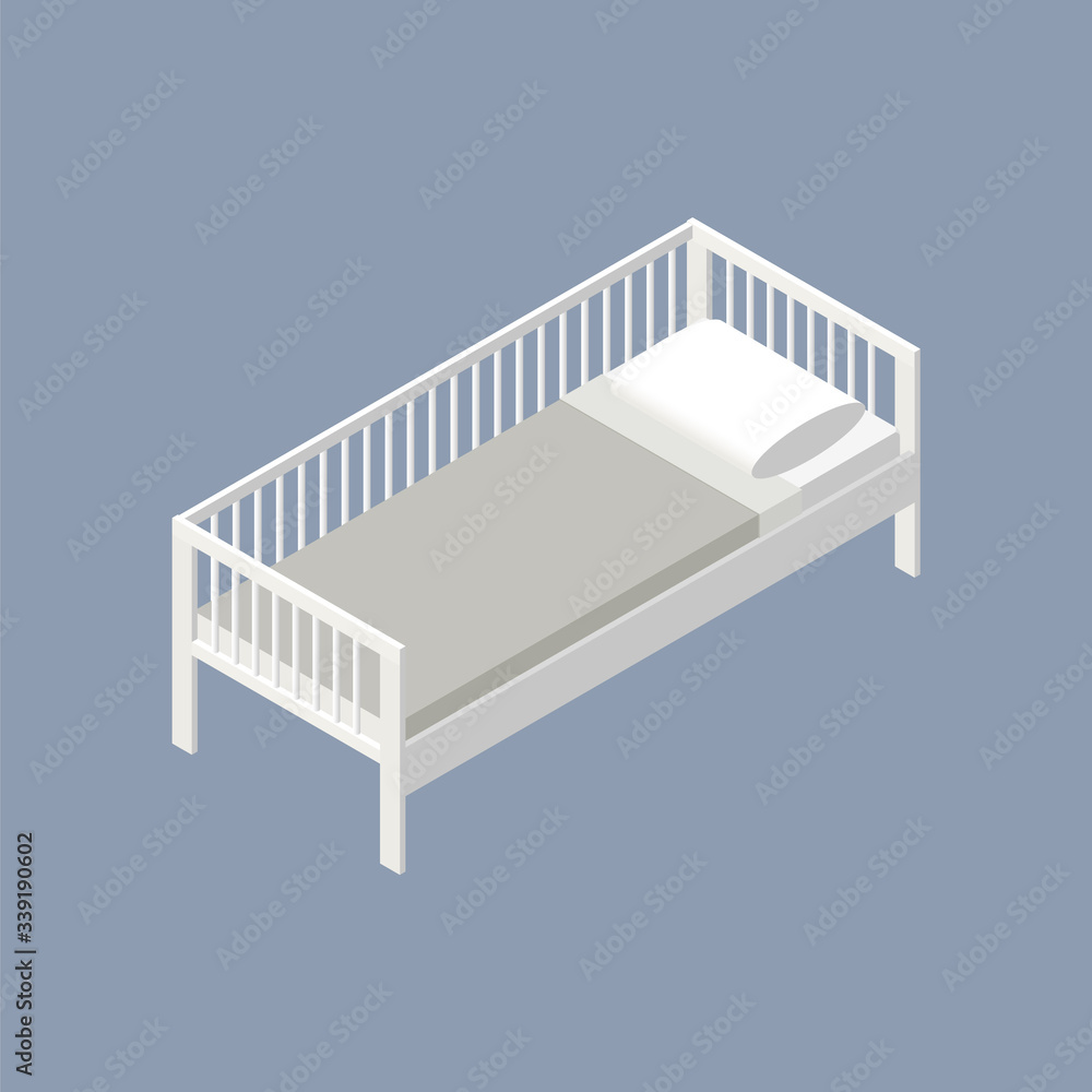 White wooden single bed with rails, mattress, blanket and pillow. Vector isometric illustration. 3D flat style vector illustration. Bed in isometric isolated on blue grey background White wooden single bed with rails, mattress, blanket and pillow. Vector isometric illustration. 3D flat style vector illustration. Bed in isometric isolated on blue grey background