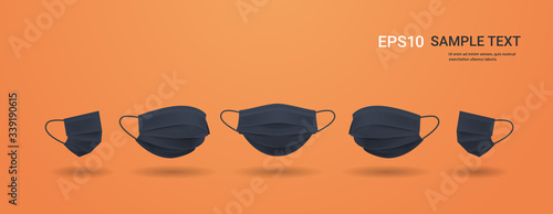 black antiviral medical face mask protection against coronavirus prevention of virus spreading pandemic covid-19 view from different angles copy space horizontal vector illustration