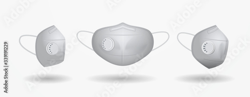 white antiviral medical face mask protection against coronavirus prevention of virus spreading pandemic covid-19 view from different angles horizontal vector illustration