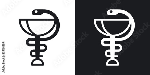 Pharmacy icon with caduceus symbol or hygieia bowl. Simple two-tone vector illustration on black and white background photo