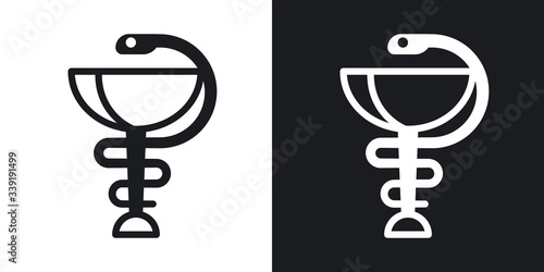 Pharmacy icon with caduceus symbol or hygieia bowl. Simple two-tone vector illustration on black and white background