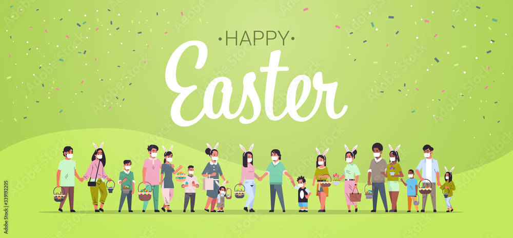 Fototapeta premium mix race men women holding baskets with eggs people wearing mask to prevent coronavirus celebrating happy easter holiday horizontal full length hand written lettering poster vector illustration