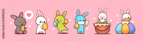 set cute rabbits happy easter bunnies stickers collection spring holiday concept horizontal vector illustration