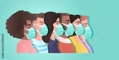 mix race people in protective masks against corona virus covid-19 protection stop coronavirus pandemic concept portrait horizontal vector illustration