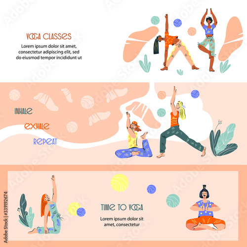 Set of banners for yoga classes and fitness club with women characters. Health of mind and body workout. Flyers or posters for social media. Cartoon flat vector illustration.