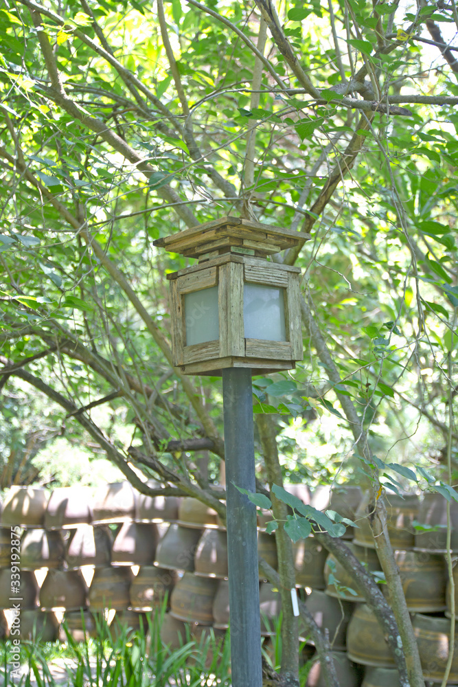 Antique wooden lamps in public areas Antique wooden lamps in public areas