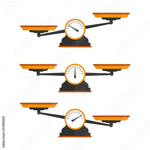 Set of scales. Weighing scale with green pans and gray base. Bowls of scales in balance, an imbalance of scales. Vector illustration in flat style. EPS 10.