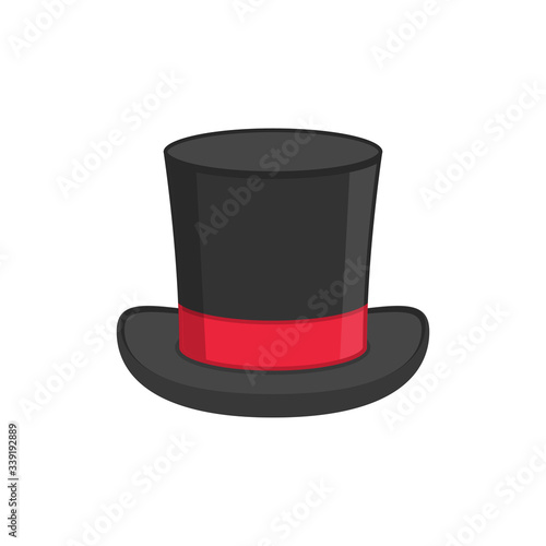 Magic hat icon isolated on white background. Black cylinder hat with red ribbon. Retro tophat in flat style. Vector illustration EPS 10.