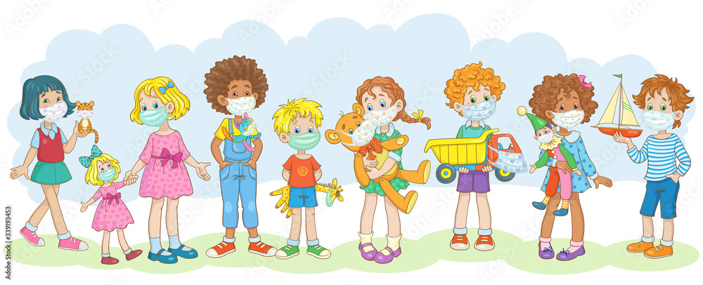 Eight children of different nationalities in protective medical masks with their favorite toys. Coronavirus epidemic concept. In cartoon style. Isolated on white background. Vector illustration. Eight children of different nationalities in protective medical masks with their favorite toys. Coronavirus epidemic concept. In cartoon style. Isolated on white background. Vector illustration.