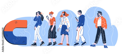 Digital SEO content marketing concept with magnet pulling people for inbound lead generation and sale increase. Customers retention for electronic commerce and internet. Cartoon vector illustration.