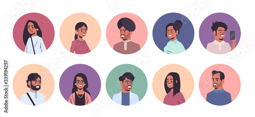set indian men women avatars smiling male female cartoon characters collection horizontal portrait vector illustration