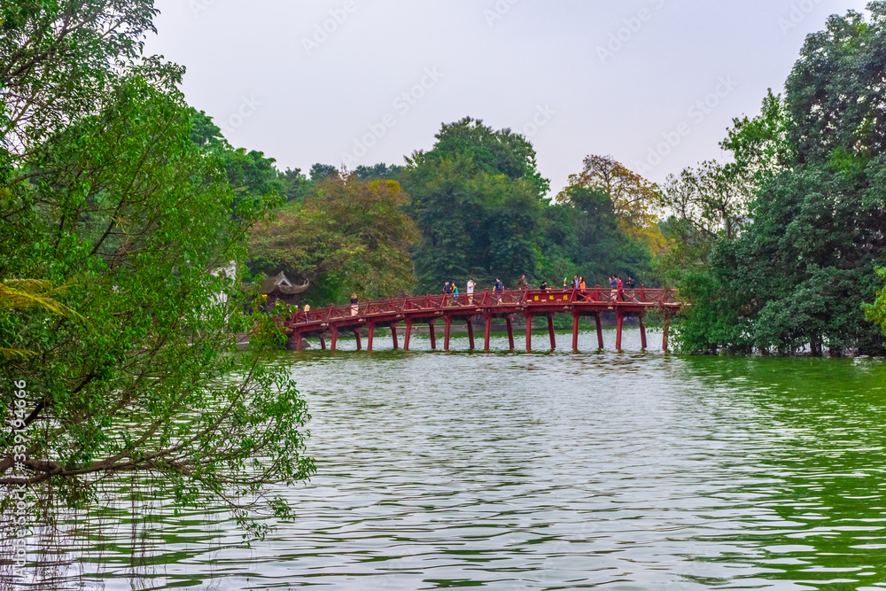 HANOI, VIETNAM, 4 JANUARY 2020: Hoan Kiem Lake, or Lake of the returned sword HANOI, VIETNAM, 4 JANUARY 2020: Hoan Kiem Lake, or Lake of the returned sword