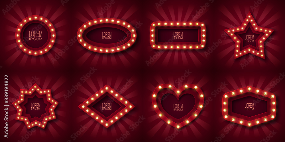 Set of eight advertising signs, emblem for attracting customers. In the ...