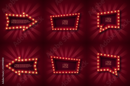 Set of six advertising signs, banner, emblem for attracting customers. The shape of an arrow, trapezoid, and pointer. With glowing light bulbs along the contour, in red and white beams.