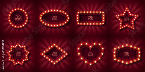 Set of eight advertising signs, emblem for attracting customers. In the form of circle, oval, rectangle, star, rhombus, and heart. With glowing light bulbs along the contour, in red and white beams.
