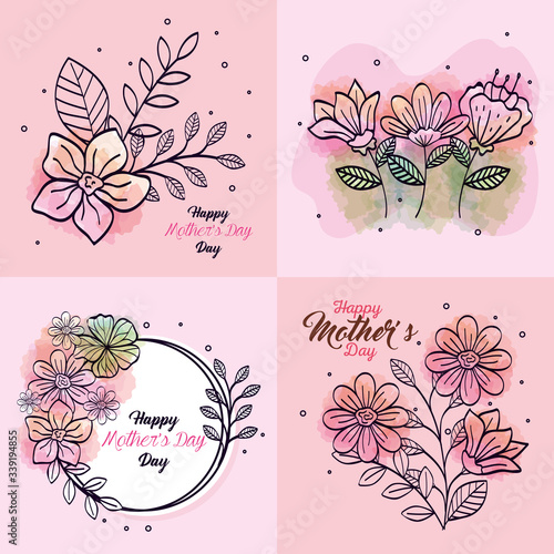 set cards of happy mother day with flowers decoration vector illustration design