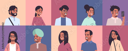 set indian men women avatars smiling male female cartoon characters collection horizontal portrait vector illustration