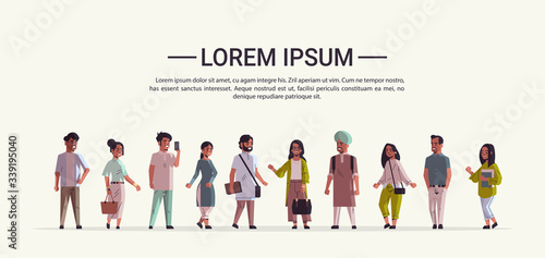 indian men women standing together smiling male female hindu cartoon characters full length copy space horizontal vector illustration