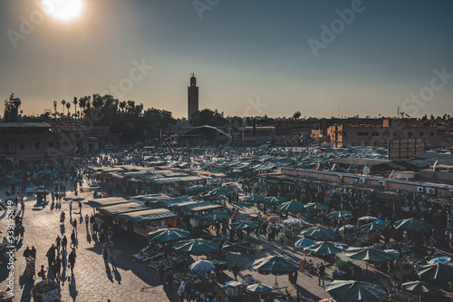 Jamaa el Fna also Jemaa el-Fnaa, Djema el-Fna or Djemaa el-Fnaa is a square and market place in Marrakesh's medina quarter old city . Marrakesh, Morocco, north Africa. UNESCO Heritage of Humanity.