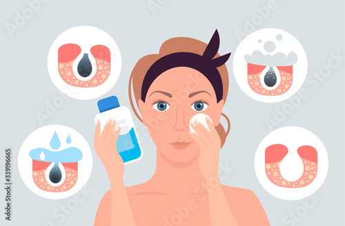 woman using napkin cleaning pore facial cleansing procedure on clogged face skin care treatment concept portrait horizontal vector illustration