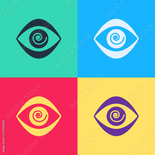 Pop art Hypnosis icon isolated on color background. Human eye with spiral hypnotic iris.  Vector Illustration