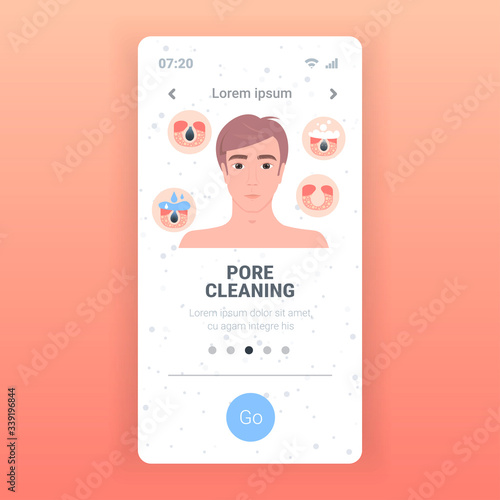 man cleaning pore facial cleansing procedure on clogged face skin care treatment steps smartphone screen mobile app copy space portrait vector illustration