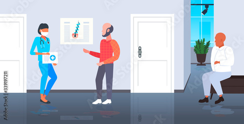 aesthetics doctor consulting balded man patient medical consultation baldness problem healthcare concept hospital interior horizontal full length vector illustration