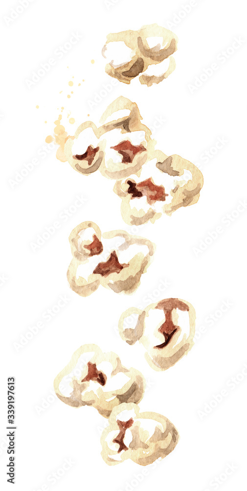 Falling  popcorn. Hand drawn watercolor illustration isolated on white background