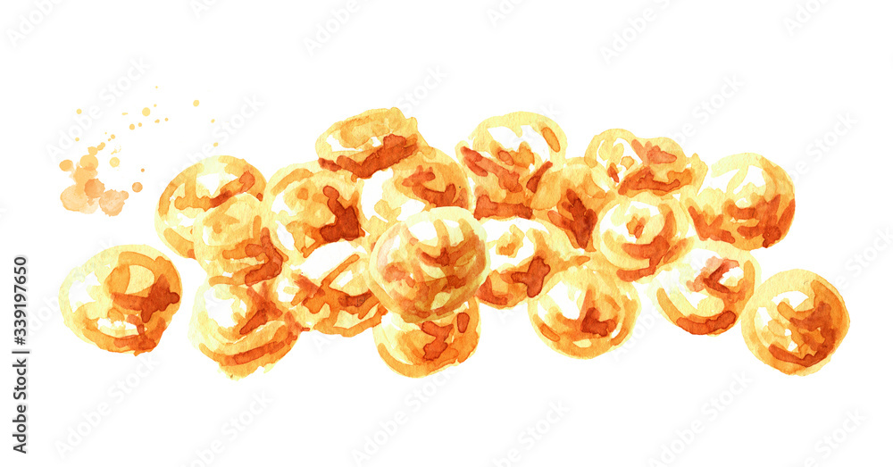 Heap of caramel popcorn. Hand drawn watercolor illustration isolated on white background