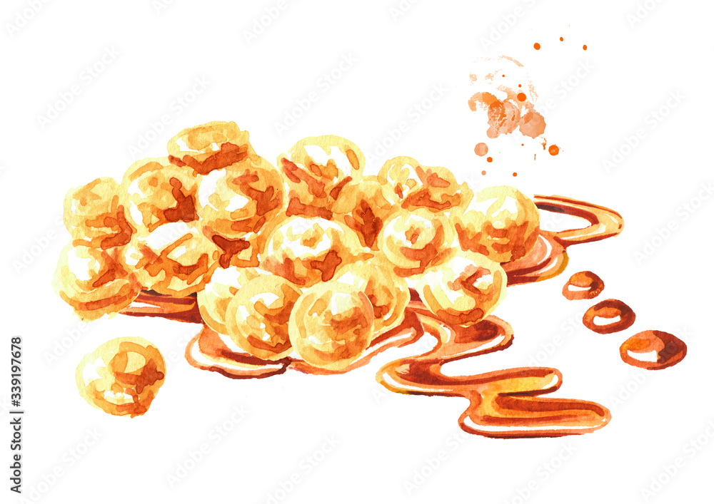 Heap of sweet popcorn with caramel sauce. Hand drawn watercolor illustration isolated on white background
