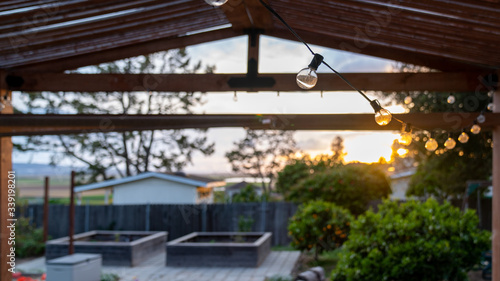 String lights under a pergola in a backyard at sunset. © Kelly