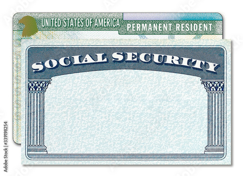Permanent Resident Green Card and Social Security SSN Number Card isolated on white background photo