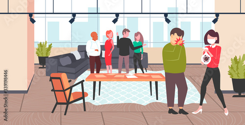 sick man having dry cough woman applying antibacterial spray to prevent spread of coronavirus office interior horizontal full length vector illustration