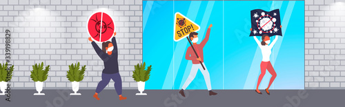 people in protective mask holding banners demonstrating against covid-19 pandemic stop coronavirus concept horizontal full length vector illustration