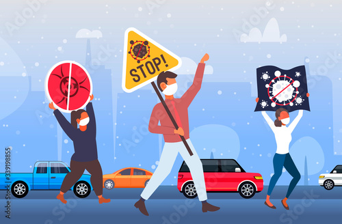 people in protective mask holding banners demonstrating against covid-19 pandemic stop coronavirus concept cityscape background horizontal full length vector illustration