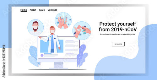 doctor in protective mask giving basic protective measures against coronavirus online consultation healthcare concept horizontal copy space vector illustration