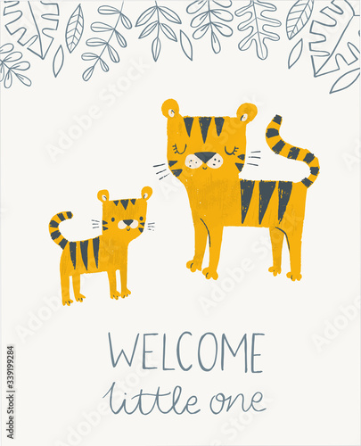 Welcome little one tiger baby shower card or nursery poster. Cute jungle hand drawn tigers. Parent and baby, mommy and baby. Baby poster, nursery wall art, card, invitation, birthday, apparel. © mgdrachal