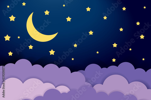 Cute baby illustration of night sky. Half moon, stars and clouds on the dark background. Night scene vector