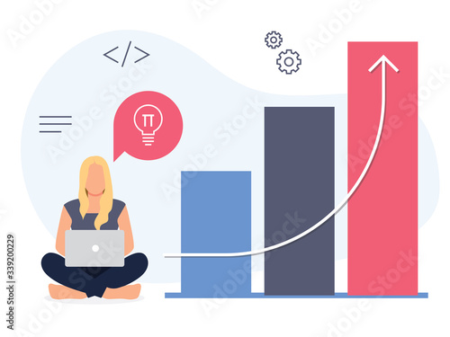 Young freelancer woman using laptop computer sitting on the floor. Flat style vector illustration of business for web page, social media, documents, posters. Woman at laptop.