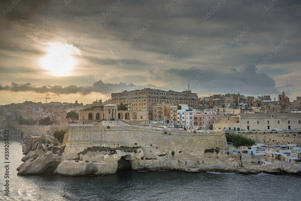 Malta / Malta. 03.09.2015.Panoramic of Valletta at sunset, seen from a Cruise Ship