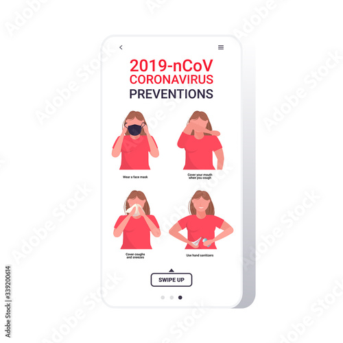 woman explain basic protective measures against coronavirus prevention protect yourself from 2019-nCoV concept important guidance to stay healthy smartphone screen mobile app vector illustration