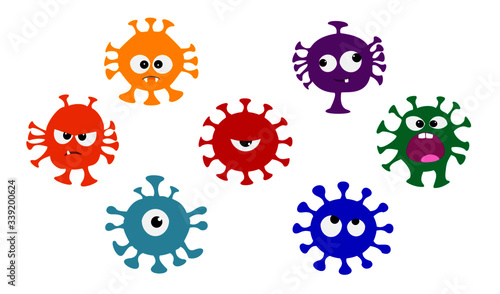 vector set of colorful coronavirus symbols, cartoon charcter with cute monster face collection. of covid-19.