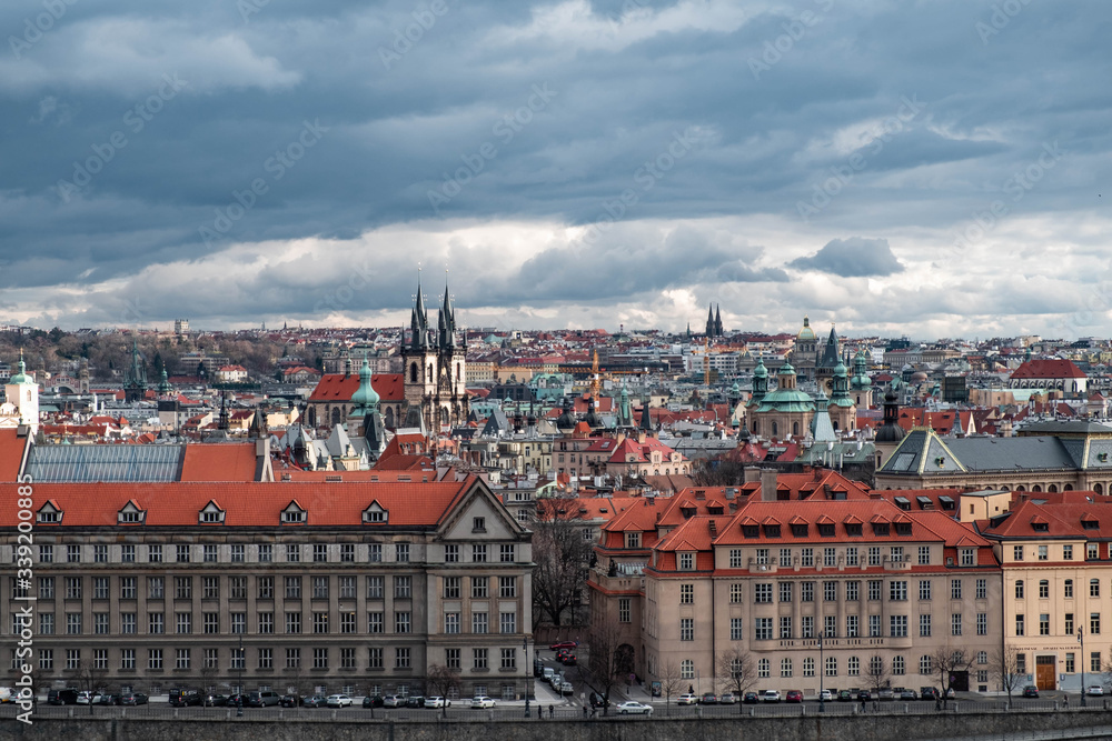 Scenic aerial panorama of the Old Town architecture in Prague, Czech Republic.