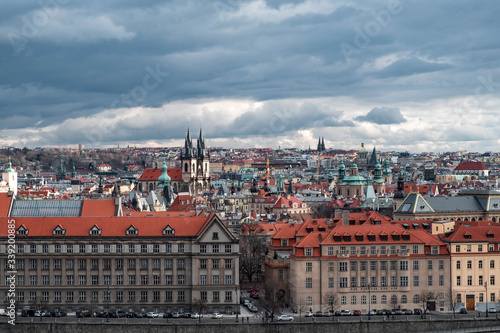 Scenic aerial panorama of the Old Town architecture in Prague, Czech Republic.