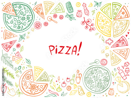 Italian pizza and ingredients isolated on white background. Doodle. Vector illustration. Perfect for food menu design template.