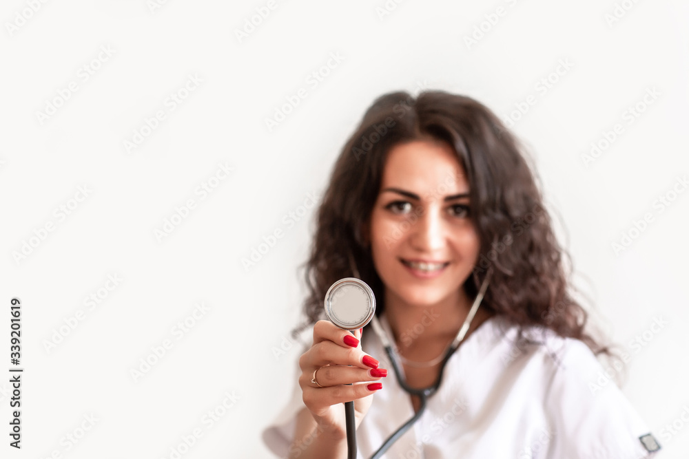 Healthcare and medical concept. Medicine doctor with stethoscope in hand, selective focus, banner menu place for text Healthcare and medical concept. Medicine doctor with stethoscope in hand, selective focus, banner menu place for text