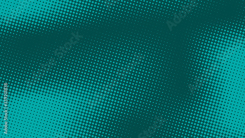 Bright Teal blue pop art background with halftone dots in retro comic style, template for design.