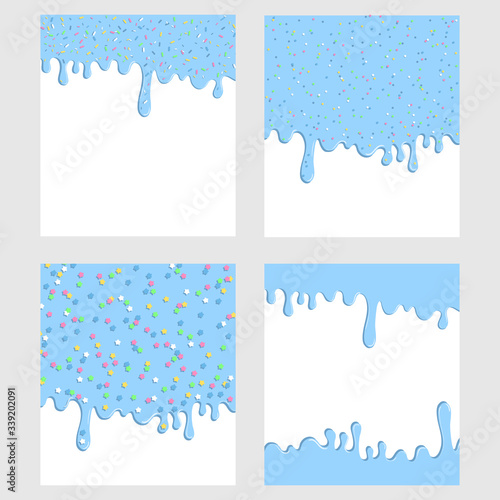 Blue donut glaze background set. Liquid sweet flow, tasty dessert topping with colorful stars and sprinkles. Ice cream drips. Doughnut vector illustration